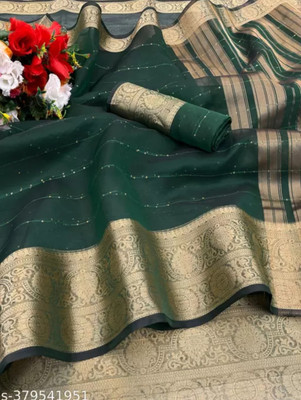 Banaras silk palace Striped Banarasi Organza Saree(Green)