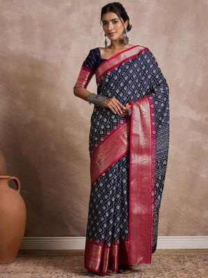 Sareemall Printed Chinnalapattu Silk Blend Saree(Dark Blue)