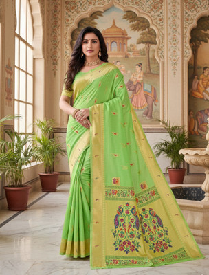 saaree Woven Banarasi Cotton Silk Saree(Green)