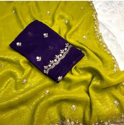 RoyalStittch Embroidered, Floral Print, Embellished, Solid/Plain Banarasi Jimmy choo Saree(Green)