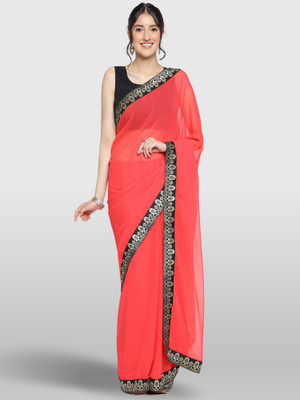 The Textile Hub Solid/Plain Bollywood Georgette Saree(Red, White)