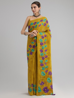 Tasrika Printed Ikkat Cotton Blend Saree(Mustard)