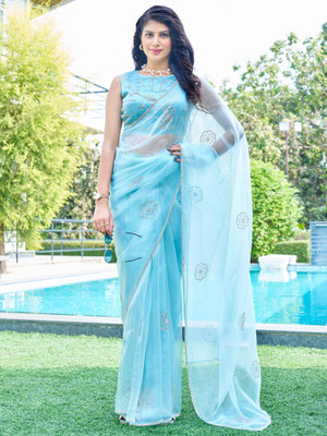 Sareemall Embellished Bollywood Organza Saree(Light Blue)