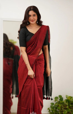 SMRITI HANDLOOM Solid/Plain Handloom Handloom Pure Cotton Saree(Maroon, Black)
