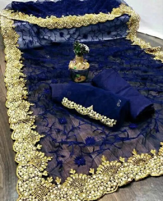 VKARAN Embroidered Bollywood Net Saree(Dark Blue)