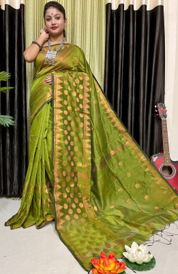 PRANATI ENTERPRISE Woven, Self Design, Floral Print Handloom Cotton Silk Saree(Dark Green)