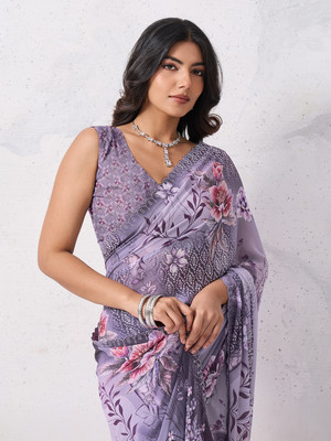 Tasrika Embellished, Floral Print Bollywood Georgette Saree(Purple)