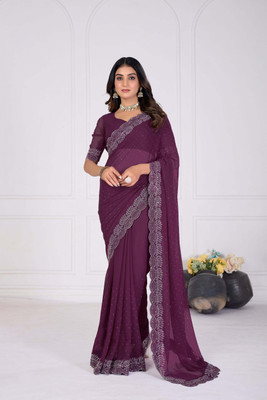 just kanha Embellished, Embroidered, Floral Print, Self Design Bollywood Georgette Saree(Purple)