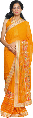 MEETAMOO Embroidered, Self Design Handloom Cotton Blend Saree(Orange)