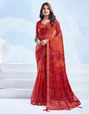 Swarne Geometric Print Bandhani Chiffon Saree(Red)