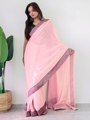 MM VENTURE Solid/Plain Bollywood Georgette Saree(Pink)