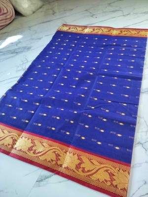 J KunduHouse Self Design Tant Pure Cotton Saree(Blue)