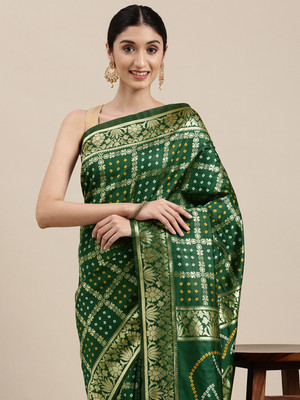 Tasrika Self Design Bandhani Silk Blend Saree(Green)