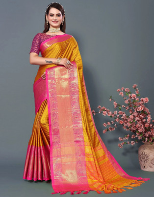 yourwish Woven, Checkered, Embellished, Self Design Narayanpet Jacquard, Cotton Silk Saree(Gold)