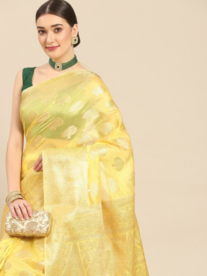 M.S.RETAIL Checkered Kanjivaram Organza Saree(Yellow)