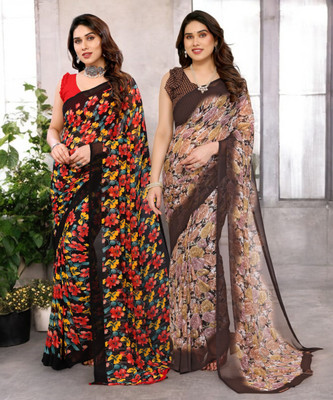 THE URBAN DIVA Printed Bollywood Georgette Saree(Pack of 2, Multicolor)