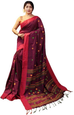ANU INDIAN FASHION Woven, Striped, Geometric Print Handloom Cotton Blend Saree(Maroon, Red, Grey)