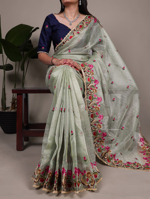 LookNbook art Embroidered, Floral Print, Woven Bollywood Tissue Saree(Green)