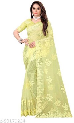 PRIVYSTORE Embroidered Bollywood Net Saree(Yellow)