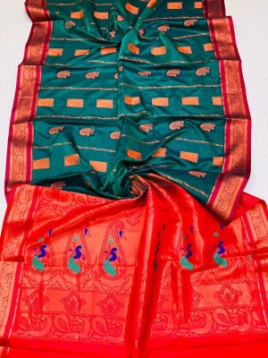 SareeVenue Woven Banarasi Jacquard, Pure Silk Saree(Dark Green)