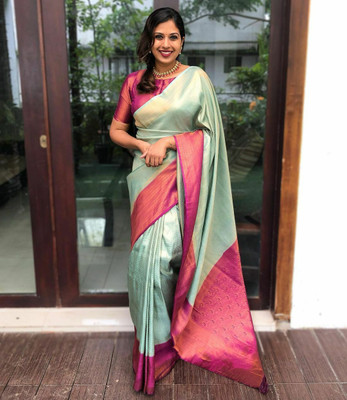 KP CREATION Digital Print, Self Design Bollywood Jacquard Saree(Light Blue)