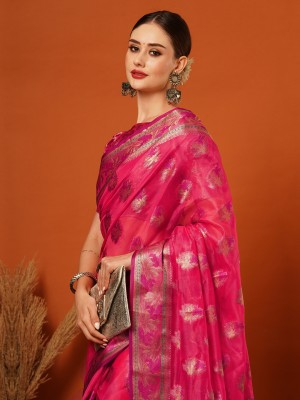 yourwish Embellished Bollywood Organza, Jacquard Saree(Pink, Red, Multicolor)