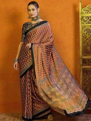 Sangria Printed Hand Batik Satin Saree(Orange)