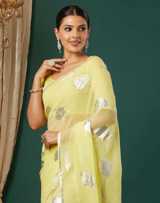 SIRIL Embellished Bollywood Chiffon, Georgette Saree(Yellow, Silver)