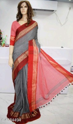 Sthaker Woven Tant Pure Cotton Saree(Grey, Red)