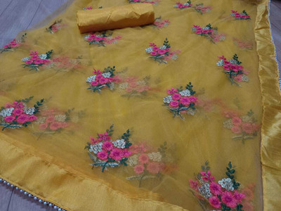 DWIJA ENTERPRISE Embroidered Bollywood Net Saree(Yellow)