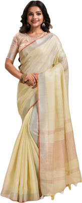 NEGRONI Solid/Plain Daily Wear Linen Saree(Yellow)
