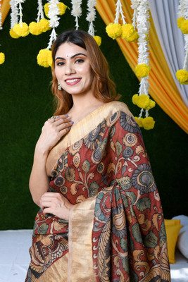 revenclaw Digital Print Chanderi Cotton Linen Saree(Brown)