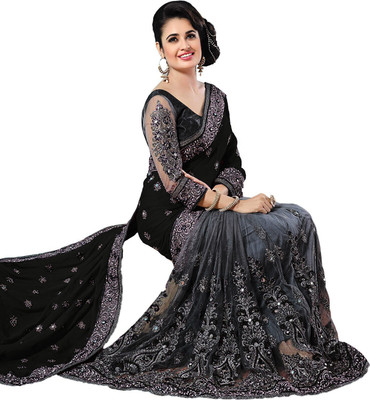 PRAMUKH HEAVAN Solid/Plain Bollywood Net, Art Silk Saree(Black, Grey)