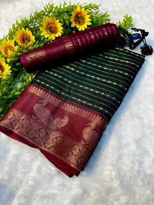 Anuradha Striped, Woven, Self Design Mysore Silk Blend Saree(Dark Green, Maroon)