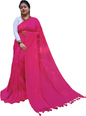 Monde Avenir Solid/Plain Bollywood Handloom Pure Cotton Saree(Pink)