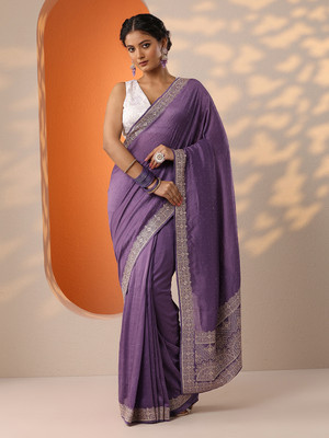 LIBAS Embellished Daily Wear Silk Blend Saree(Purple)