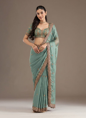 Dwarros Embroidered, Embellished Bollywood Satin Saree(Blue, Green)