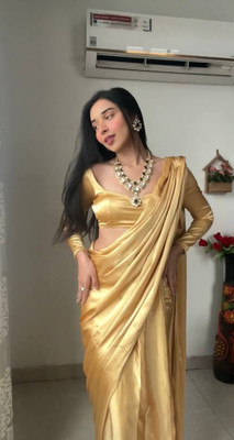 JATADHAR FAB Solid/Plain Ready to Wear Silk Blend Saree(Gold)