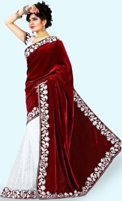 Anugrah Textile Embroidered Banarasi Net, Velvet Saree(White, Maroon)