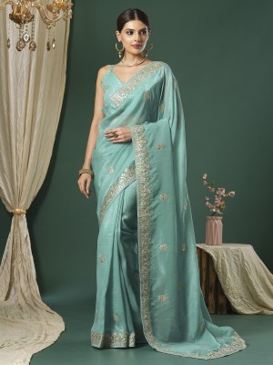 Sareemall Embroidered Bollywood Satin Saree(Light Blue)