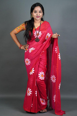 SAYAN CREATION Floral Print Handloom Pure Cotton Saree(Red)