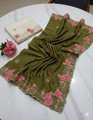 shrijamyaham Embroidered Bhagalpuri Chiffon Saree(Dark Green)