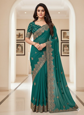Raashreya Fashions Embroidered Bollywood Georgette Saree(Green)