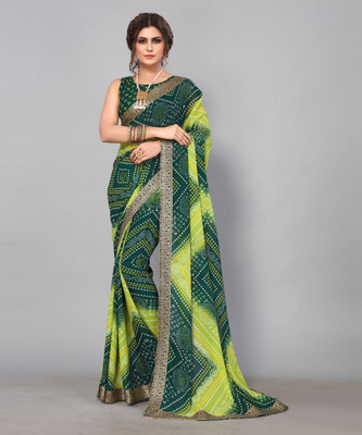 YASHIKA Printed Bollywood Georgette, Lace Saree(Green)