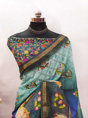 Mervadiya Digital Print Bollywood Linen, Cotton Linen Saree(Multicolor)