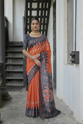 PeachPetals Printed, Woven Ikkat Tussar Silk Saree(Orange, Brown)