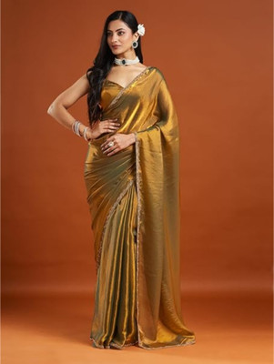 Shree Swangiya Fashion Solid/Plain Daily Wear Chiffon Saree(Gold)