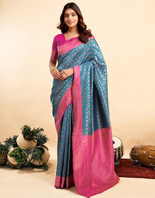 Divastri Woven, Embellished Kanjivaram Silk Blend, Jacquard Saree(Blue, Pink)