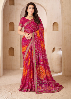 Swarne Digital Print Bandhani Chiffon Saree(Pink)