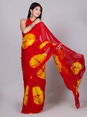 HouseOfCommon Printed, Geometric Print, Color Block Bandhani Chiffon Saree(Red)